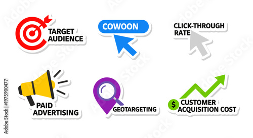 A vibrant collection of marketing and advertising stickers, featuring icons like target audience, paid advertising, and customer acquisition cost, perfect for digital business concepts.