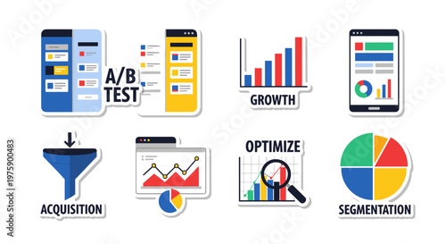 A comprehensive set of digital marketing and business analytics icons, including A/B testing, growth, acquisition, optimization, and segmentation.