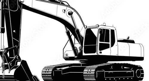 Flat Black and White Vector Illustration of a Heavy Excavator.
