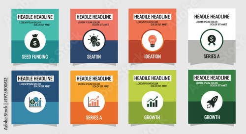 A vibrant collection of eight square infographic cards, each featuring a distinct business concept with a bold icon and placeholder text, perfect for presentations and digital marketing.