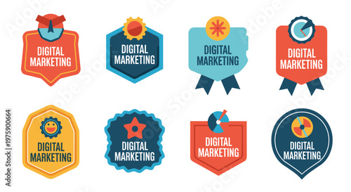 A vibrant collection of modern digital marketing badges and labels, perfect for web design, online campaigns, and business branding.