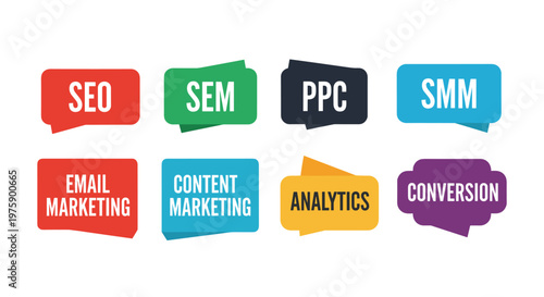 A vibrant collection of digital marketing speech bubbles, each featuring essential acronyms and terms like SEO, SEM, PPC, SMM, and analytics, ideal for illustrating online business strategies.