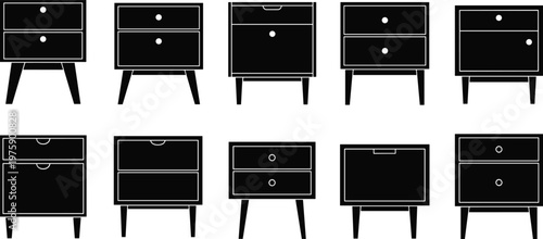 Set of bedside tables and nightstand furniture icons in black silhouette style isolated on white background representing modern home interior, storage cabinets, and bedroom decor collection