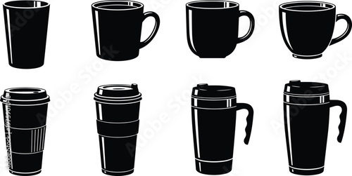 Set of coffee cups and travel mugs in black silhouette style isolated on white background representing beverage containers, hot drinks, cafe items, and kitchenware design collection