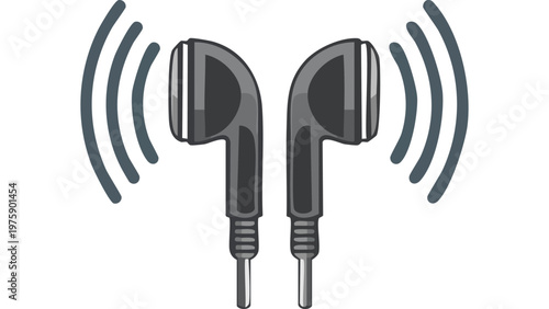 Earphones icon showing wired audio listening device with sound waves for music and communication use vector