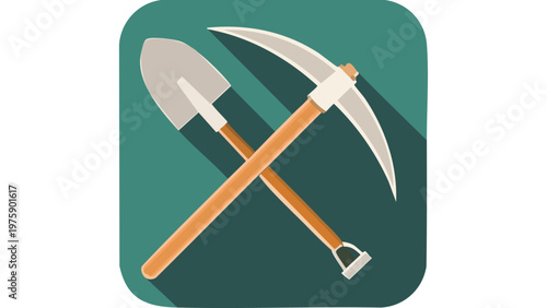 Crossed pickaxe and shovel icon symbolizing mining excavation and manual labor work in resource extraction industry vector