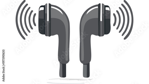 Wired earphones icon showing compact audio listening device with sound waves for personal music enjoyment vector