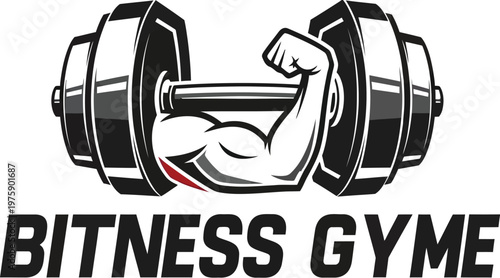 A logo for Bitness Gyme featuring a flexing arm and dumbbell