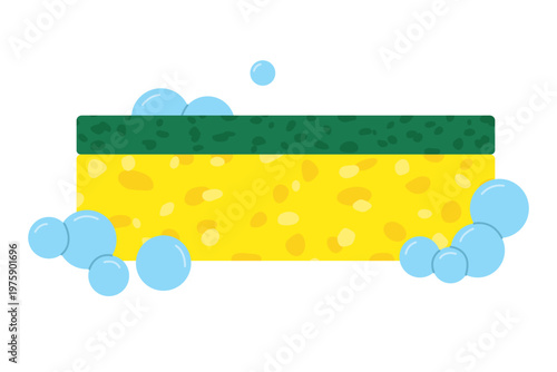 cleaning sponge with detergent bubbles, household hygiene concept, dishwashing foam, kitchen cleaning tool- vector illustration