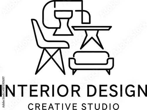 A minimalist logo for an interior design creative studio with a simple line drawing of furniture