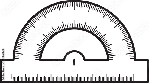 A protractor with degree markings and a ruler lies flat on a surface.