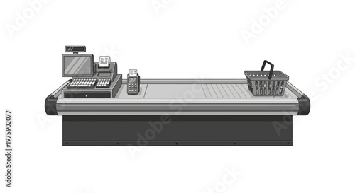 Grocery Checkout Counter With Scanner, Cash Register, Shopping Basket, And Payment Terminal