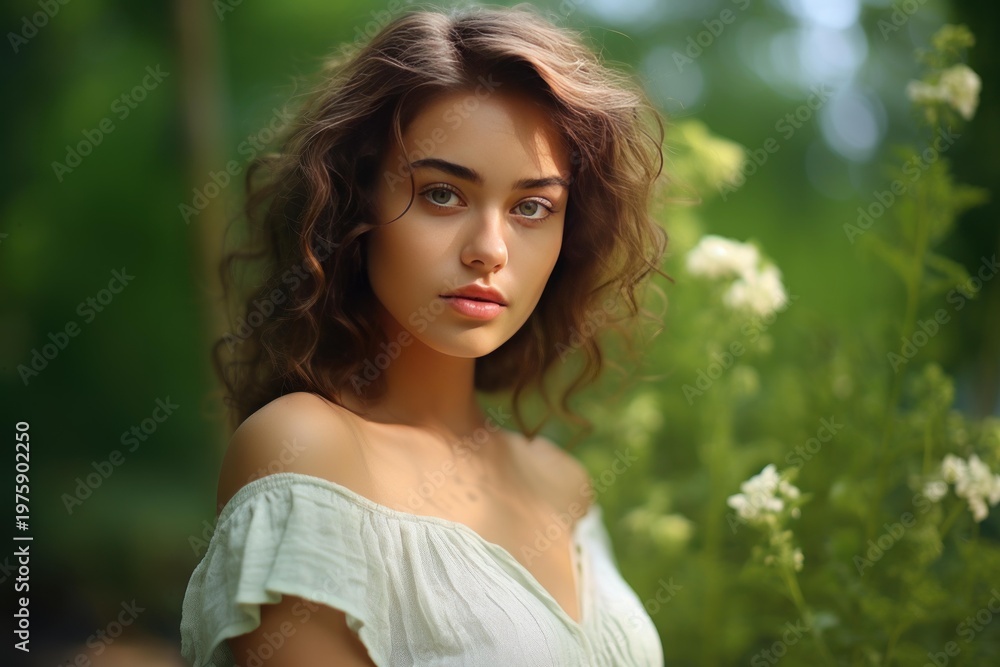 Naklejka premium Young woman with wavy hair in white dress standing among green foliage and white flowers