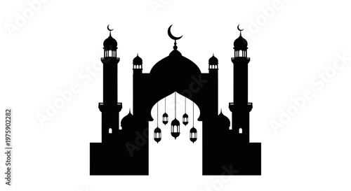 EID UL ADHA Islamic mosque, crescent moon, black silhouette, vector icon, Ramadan symbol, religious architecture vector