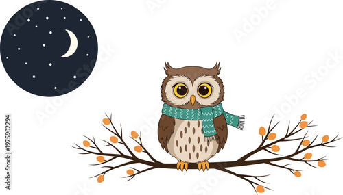A cartoon owl wearing a scarf sits on a tree branch under a starry night sky with a crescent moon.