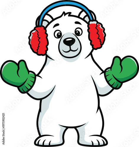 A cartoon polar bear wearing colorful headphones and gloves dancing happily
