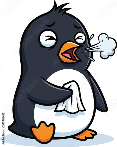 A cartoon penguin blowing its nose with a tissue in a comical scene