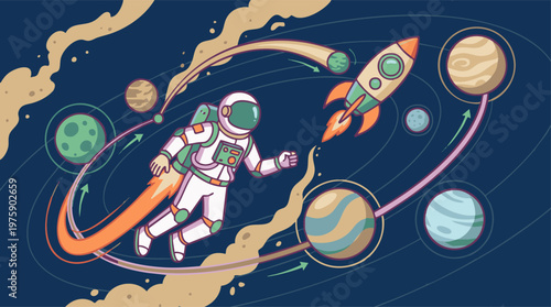 Astronaut floats through space with planets and rocket nearby in orbit.