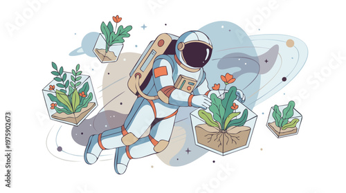 Astronaut floats through space with dolphin and various plants in pots