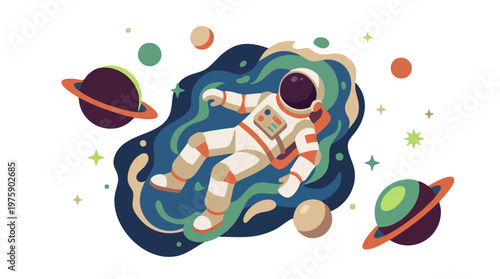 Astronaut floats in space surrounded by planets and stars wearing a suit.