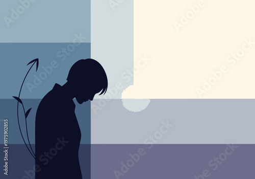 Silhouette of a person with head bowed in contemplation.