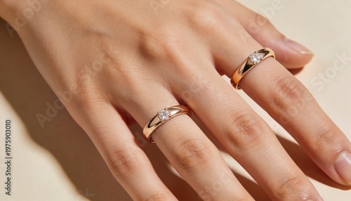 A close-up of a woman's hand showcasing elegant gold rings with diamonds on her fingers.