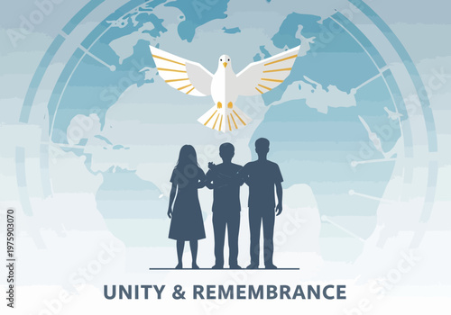 Three people silhouetted with a dove and the text Unity and Remembrance.