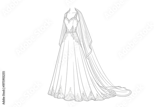 A detailed illustration of a beautiful wedding dress on a mannequin