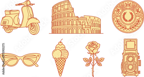 Italy Travel Icons Vector with Colosseum Vespa and Italian Symbols Line Art