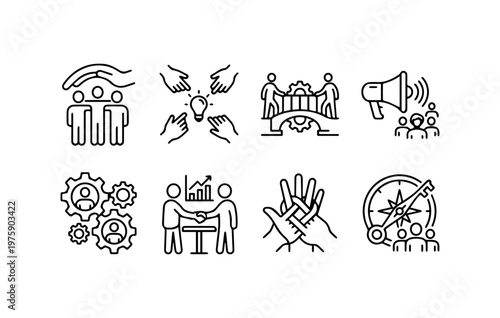 Teamwork icon set. Business team working together symbol. Co-worker, cooperation and collaboration icons. Solid icons vector collection.