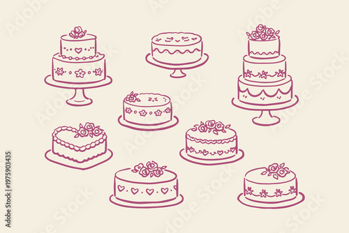 Wedding cake doodle icon set hand drawn vector illustration