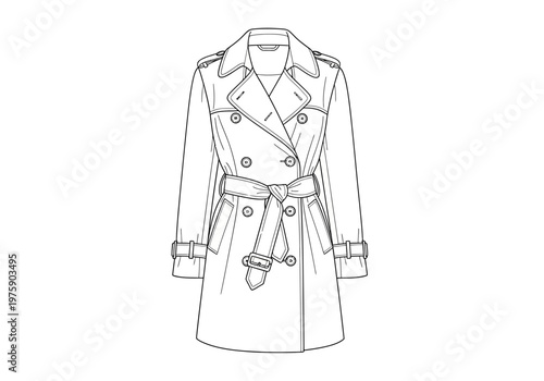 A detailed illustration of a belted trench coat with epaulets and cuffs.