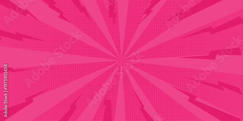 Pink comic book zoom background with sunburst rays and halftone dots. Vector manga speed lines and explosive pop art blast effect for action scenes. Vector Illustration.
