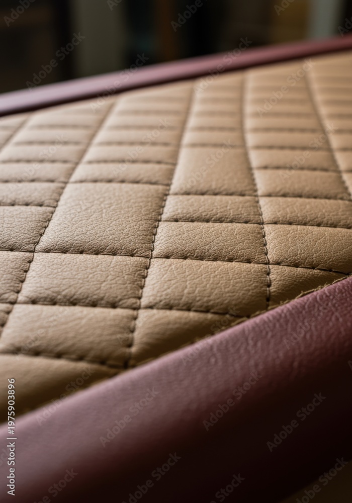 Fototapeta premium Tan quilted leather surface with diamond stitched pattern and red trim used for luxury automotive upholstery or bespoke seating in a professional workshop setting