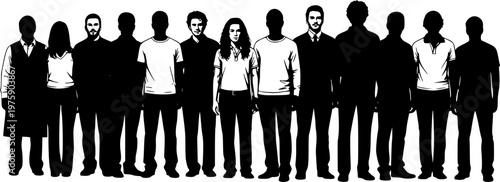 People standing in row silhouette vector.
