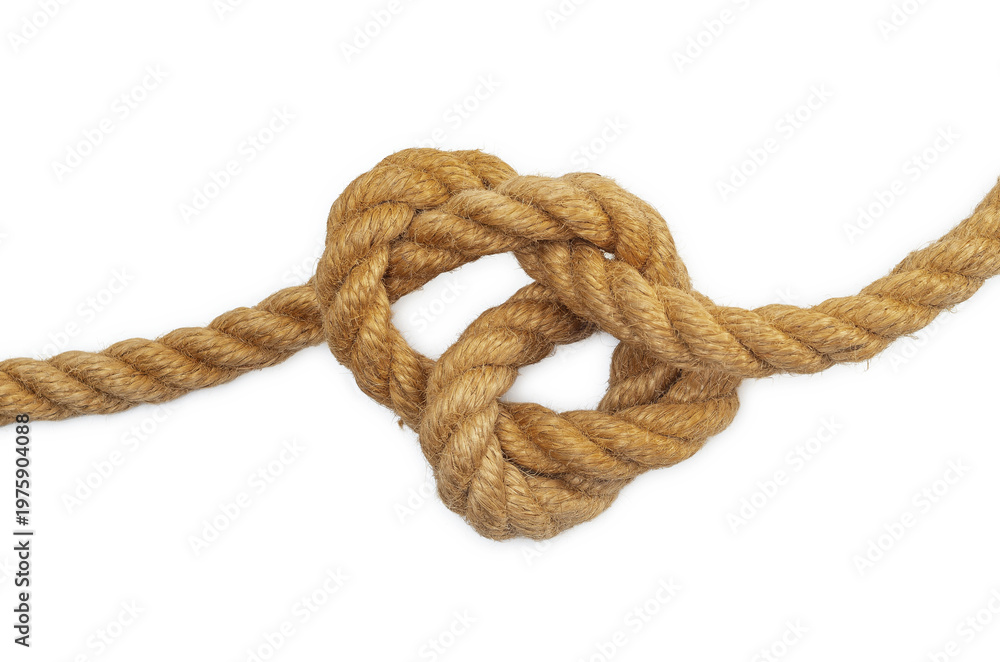 Fototapeta premium Brown rope with tangled knot on white background. Concept of solving problem or problematic knot.