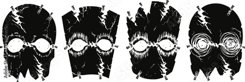 grunge black masks with torn textures and distressed circular eye patterns in vector
