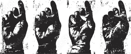 Set of grunge raised fists in black and white powerful hand gesture, solidarity and resistance symbol