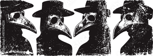 Vintage plague doctor masks black and white engraved illustration of ominous beaked mask figures