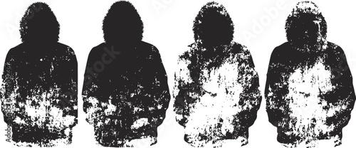 Grunge silhouette set of hooded figures in textured black and white style, urban streetwear concept