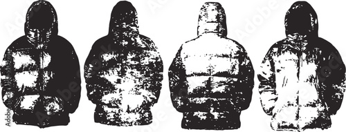 men's and women's winter jackets front and back views warm clothing for cold weather with hoods and puffer insulation