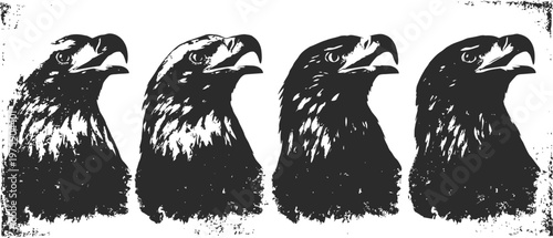 four black eagle silhouettes in vintage grunge style, textured bird head illustrations in a row