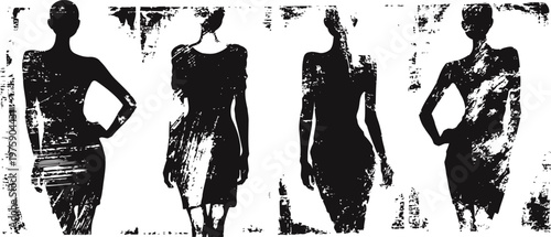 abstract female mannequin silhouettes in various standing poses with high contrast black and white effect