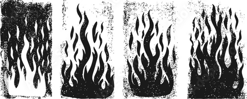 Four flame silhouettes in various shapes and sizes, black and white fire symbols set