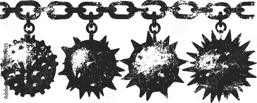 medieval spiked mace weapons hanging from a chain, vintage weapons illustration
