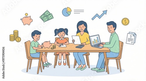 Family financial planning session, illustrating parents teaching children about saving money, budgeting, and managing household finances for a secure future