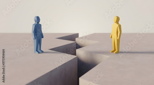 Business conflict concept with two figures standing across gap representing disagreement communication breakdown negotiation challenge and problem resolution in corporate environment