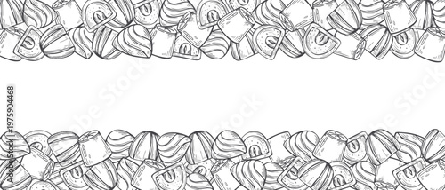 Unwrapped chocolate candies vector isolated horizontal border. Monochrome hand drawn row of assorted chocolates, truffles, pralines. Black and white sweet illustration for recipe cards, packaging
