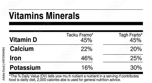 Vitamins and Minerals nutrition facts label table vector.