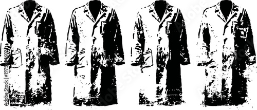 set of four white lab coats isolated on white background, medical and scientific uniform essentials